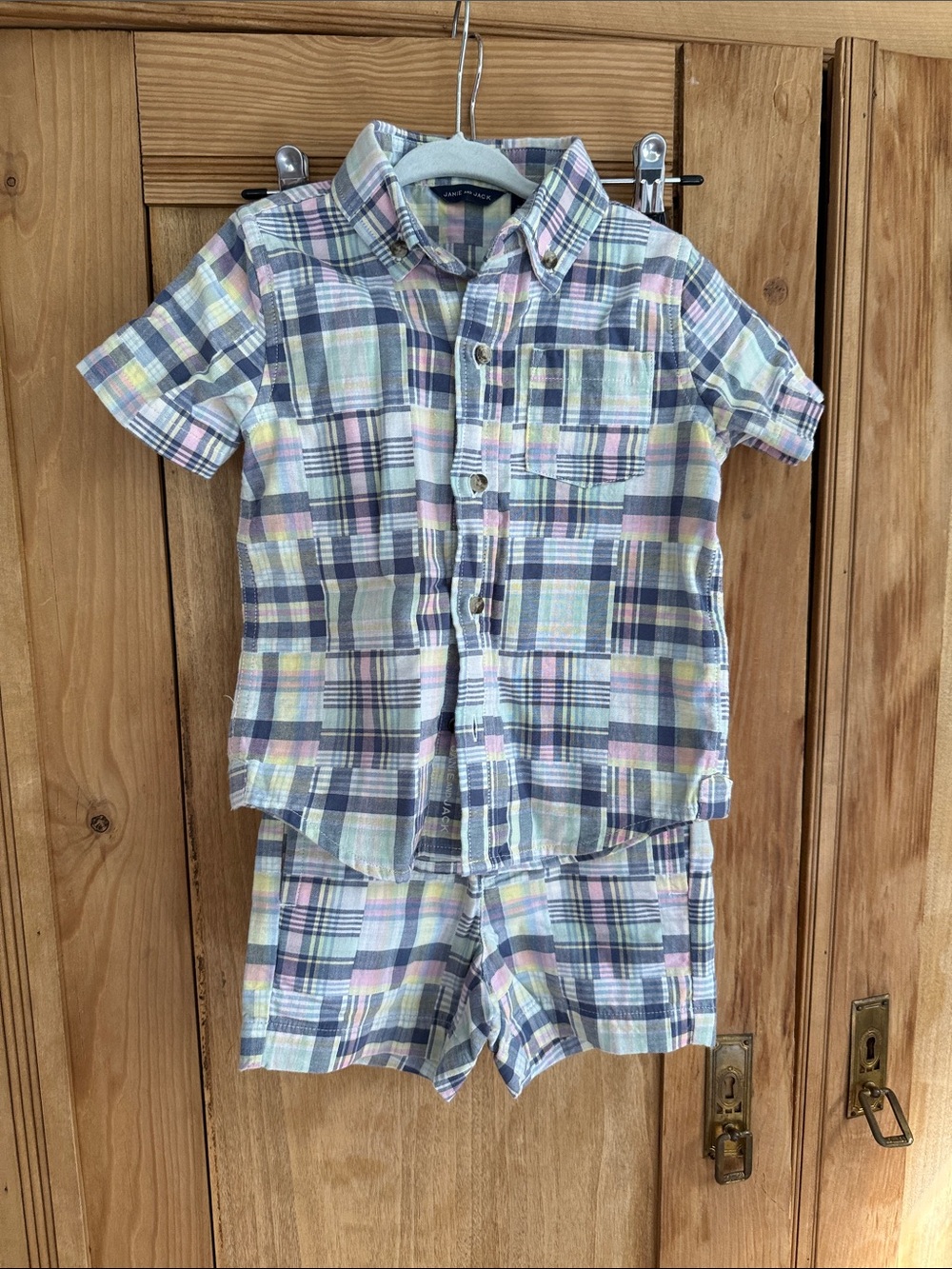 Janie and Jack Pastel Plaid Short Sleeve Button-Down Set - Blue, Pink, Yellow